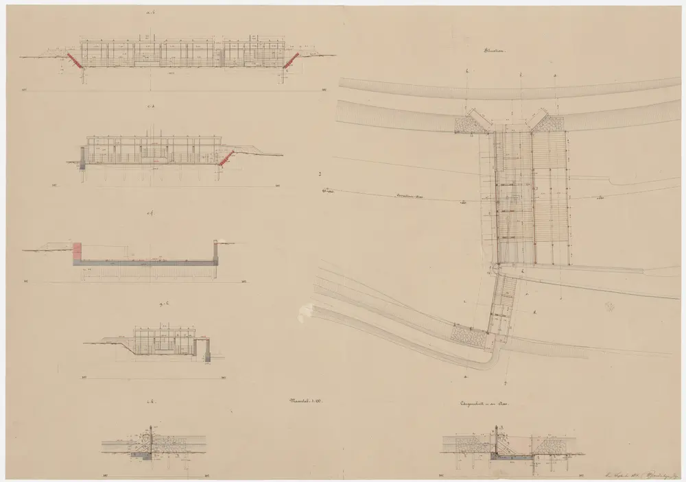 Hochfelden: Wehr der Zwirnerei Bülach (Hirslenwehr), Variante mit Holzkonstruktion; Situationsplan und Schnitte (Glatt-Gebiet Nr. 45)