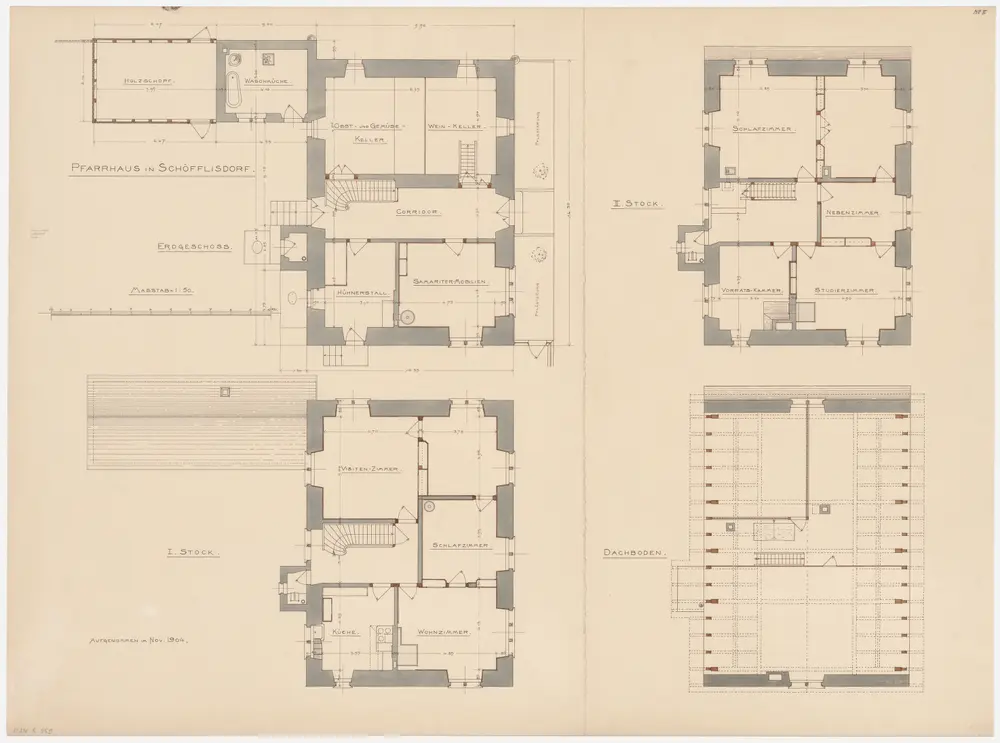 Schöfflisdorf: Pfarrhaus mit angebautem Wasch- und Holzhaus, Erdgeschoss, 1. und 2. Stock und Dachgeschoss; Grundrisse (Nr. 5)