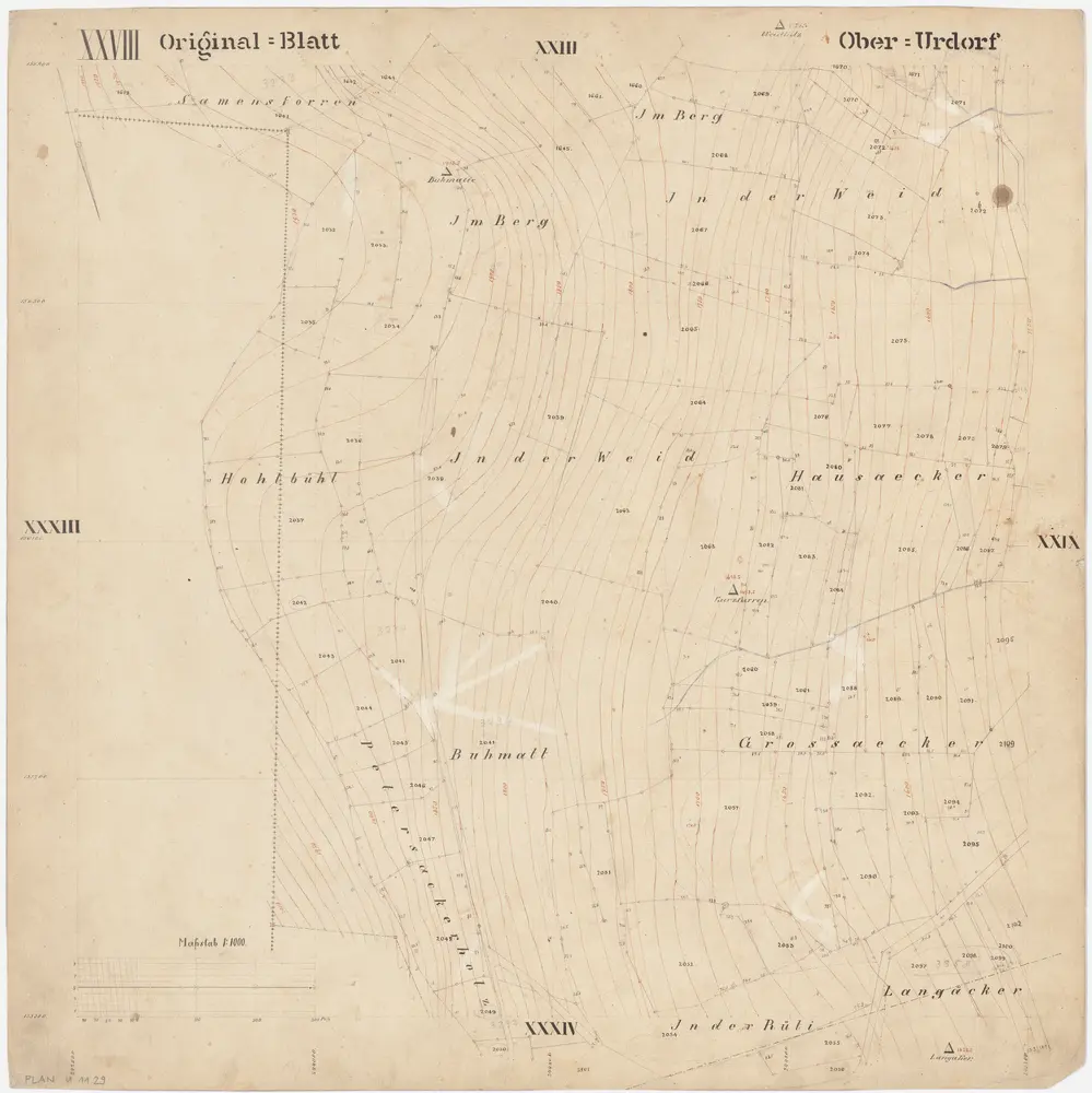 Oberurdorf: Gemeinde; Katasterpläne: Blatt XXVIII: Samensforren, Im Berg, In der Weid, Hohbüel (Hohlbüel), Hausäcker, Buematt (Buhmatt), Petersackerholz, Grossäcker, In der Rüti und Langacher; Situationsplan