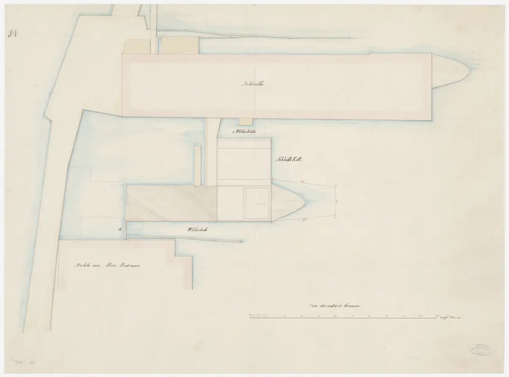 Zürich: Unterer Mühlesteg, Schleife und Mühle von Herrn Bodmer; Grundriss (Zürichsee-Abfluss Nr. 14)