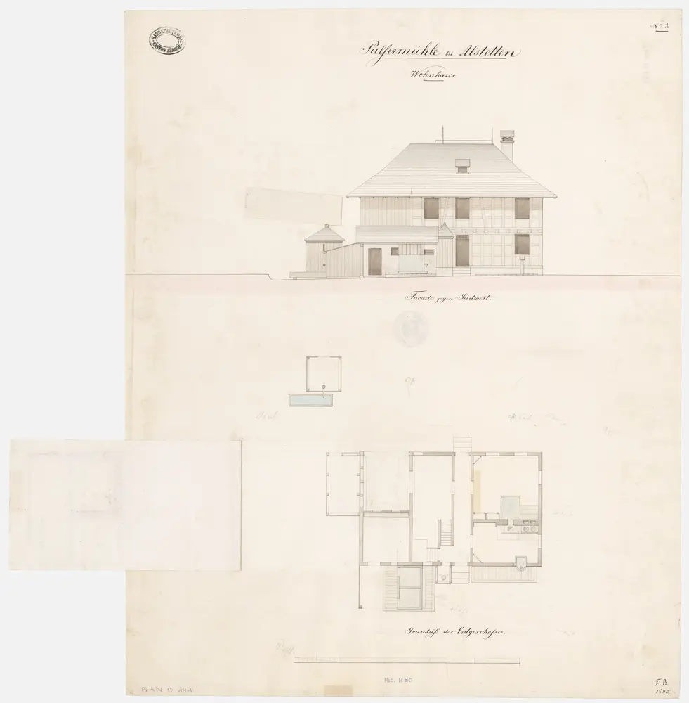 Altstetten: Wohnhaus bei der Pulvermühle; Südwestansicht und Grundriss des Erdgeschosses (Nr. 2)