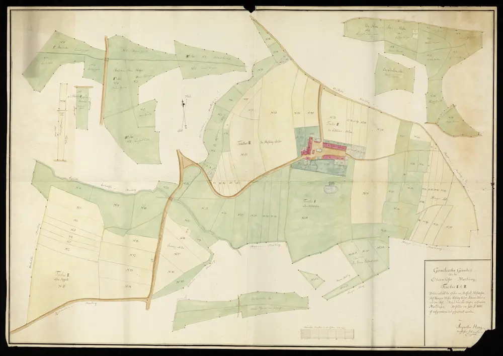 HZAN GA 100_Nr. 318_ : Oberhof (Kr. Öhringen); "Geometrischer Grundriß über die Oberhöfer Markung, Tractus II und III"; [enthält den Weiler Oberhof];ohne Verfasser;60 Ruten = 14,6 cm;133 x 93 cm; Norden oben nach links abweichend;Federzeichnung; Grundstücke farbig hervorgehoben.