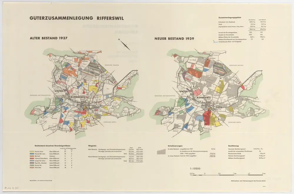 Rifferswil: Güterzusammenlegung, alter Bestand 1937 und neuer Bestand 1939; Übersichtsplan