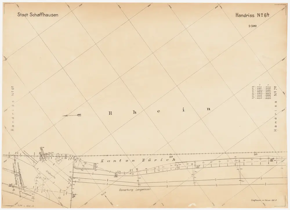 Feuerthalen bis Flurlingen: Durch den Vertrag vom 11.01.1901 zwischen den Kantonen Zürich und Schaffhausen festgelegter Grenzverlauf am linken Rheinufer bei Schaffhausen; Situationsplan-Handrisse: Rhein bei Langwiesen; Situationsplan-Handriss (Nr. 6 b)