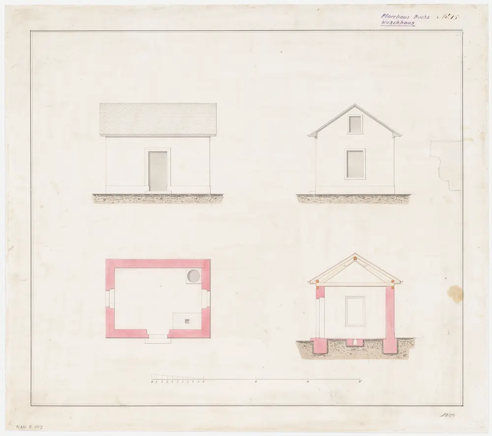 Buchs: Waschhaus beim Pfarrhaus; Ansichten, Grundriss und Querschnitt (Nr. 15)