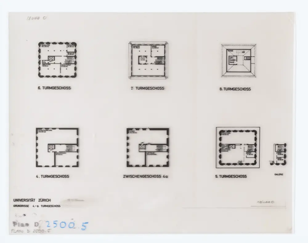 Universität Zürich: Hauptgebäude: 4. bis 8. Turmgeschoss; Grundrisse