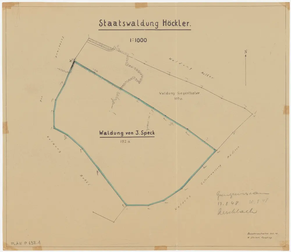 Bonstetten, Stallikon: Staatswaldung Höckler: Stallikon: Grenzrevision bei der Privatwaldung von J. Speck; Grundriss