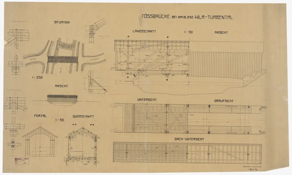 Fischenthal, Wila, Turbenthal, Töss: Brücken über die Töss: Wila, Turbenthal: Brücke über die Töss; Situationsplan, Ansichten und Schnitte
