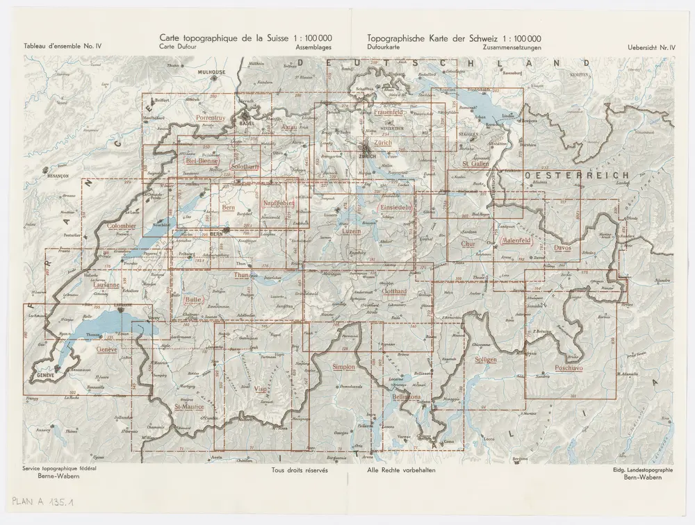 Topographische Karte der Schweiz (Dufour-Karte), Kartenzusammensetzungen: Den Kanton Zürich betreffende Blätter: Übersicht der Blätter