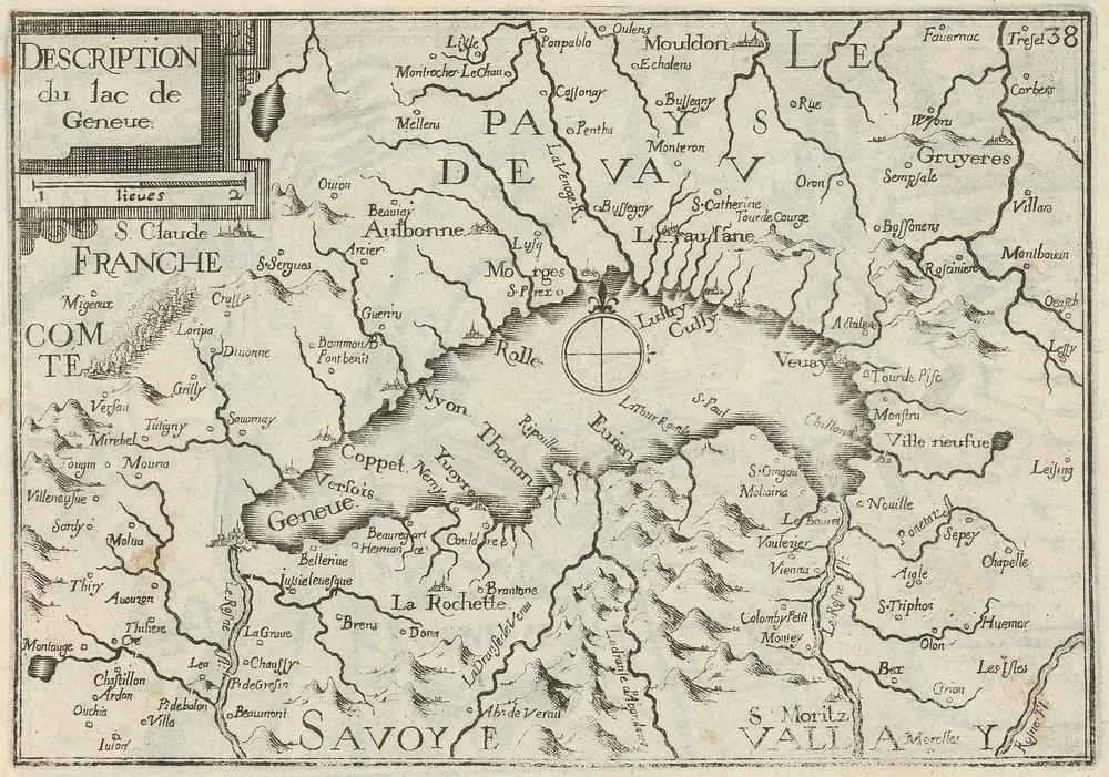 Description du lac de Geneve. [Karte], in: Plans et profilz des principales villes de la province de Dauphiné, avec la carte genale & les particuliéres de chascũ gouvernement d'icelles, S. 80.