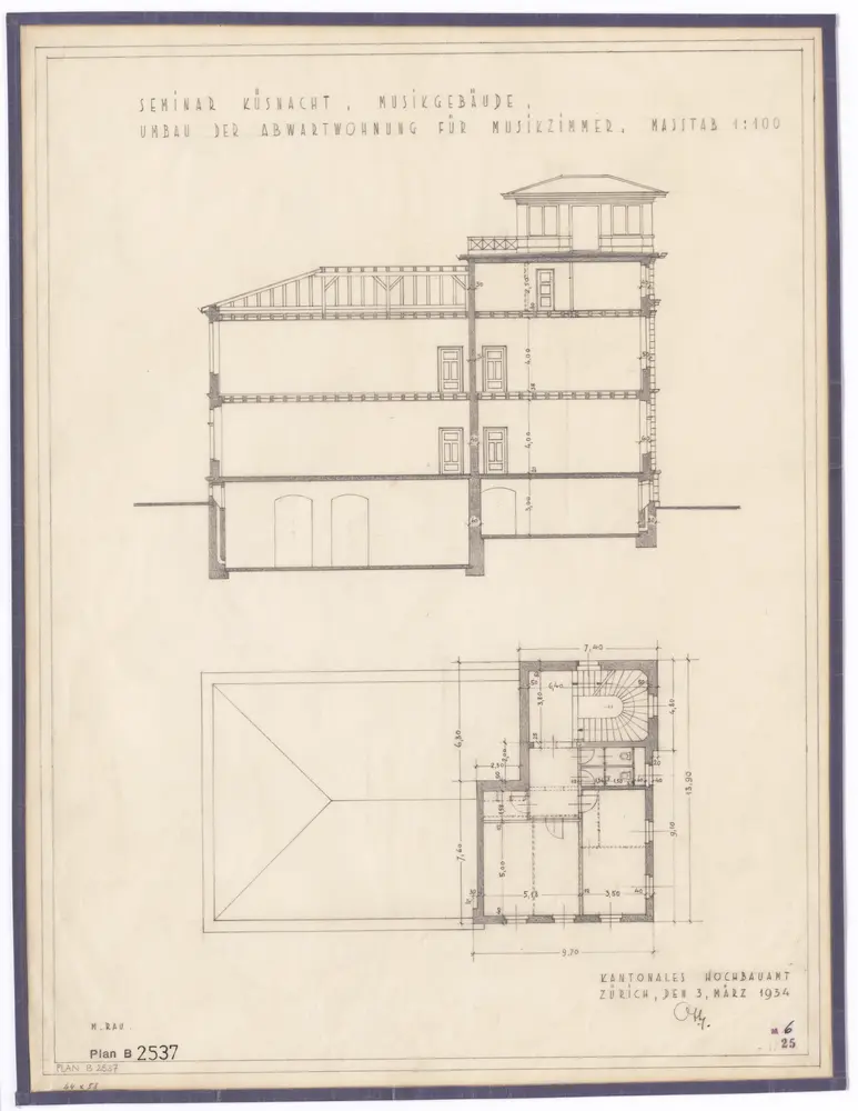 Küsnacht: Seminar, Musikgebäude, Umbau der Abwartwohnung; Grundriss und Schnitt