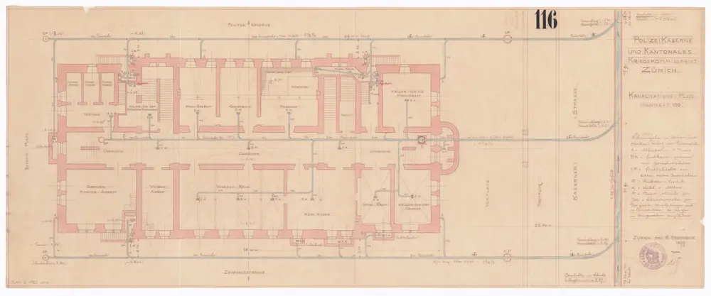 Polizeikaserne und kantonales Kriegskommissariat: Keller mit Kanalisation; Grundriss