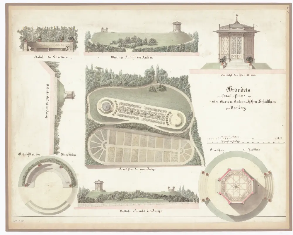Haus zum Rechberg, Hirschengraben 40: Neue Gartenanlage für Herrn Schulthess zum Rechberg; Ansichten und Grundrisse