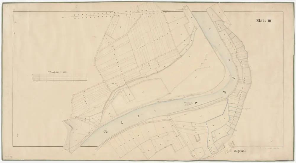 Thalheim an der Thur (damals Dorlikon), Ossingen, Adlikon: Von unterhalb Gütighausen bis zur Grenze zwischen Dorlikon und Adlikon bei Dätwil, Thurkorrektion, Katasterplan Blatt III; Situationsplan (Thur-Gebiet Nr. 26 c)