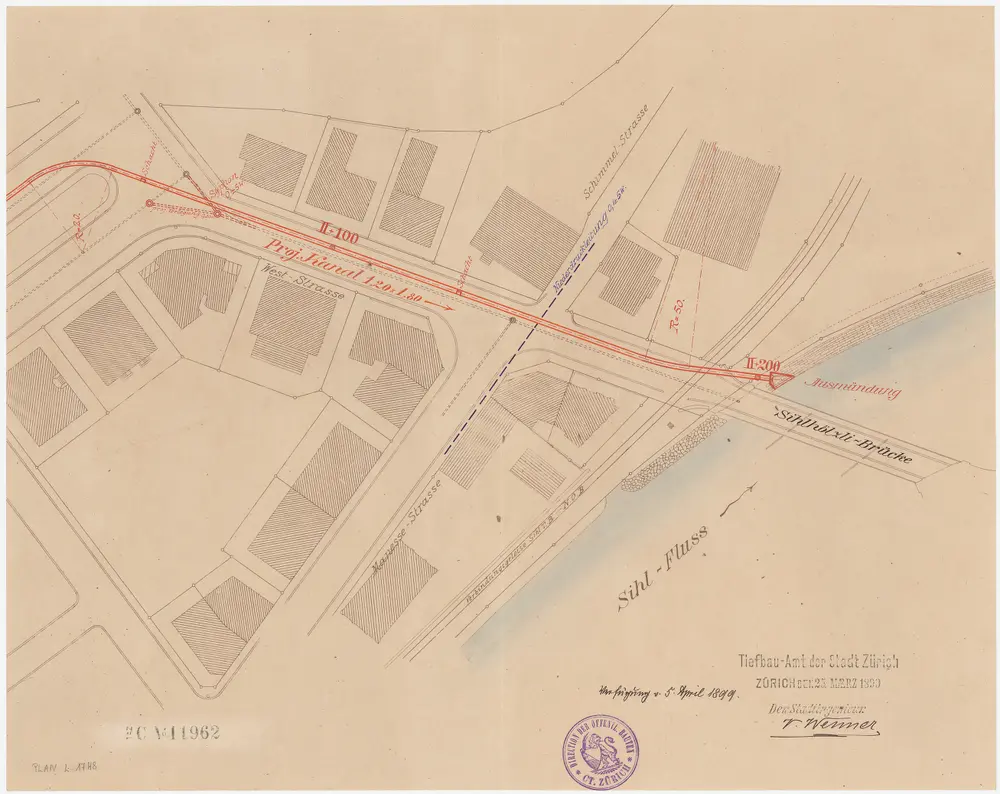 Zürich: Von der Birmensdorferstrasse bis zur Sihl, projektierter Hochwasserkanal; Situationsplan