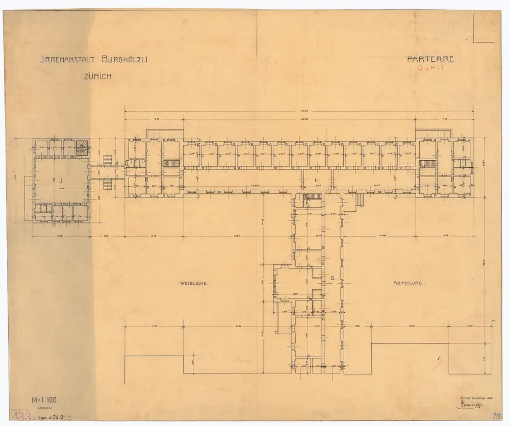 Irrenheilanstalt Burghölzli: Frauenabteilung, Erdgeschoss; Grundriss