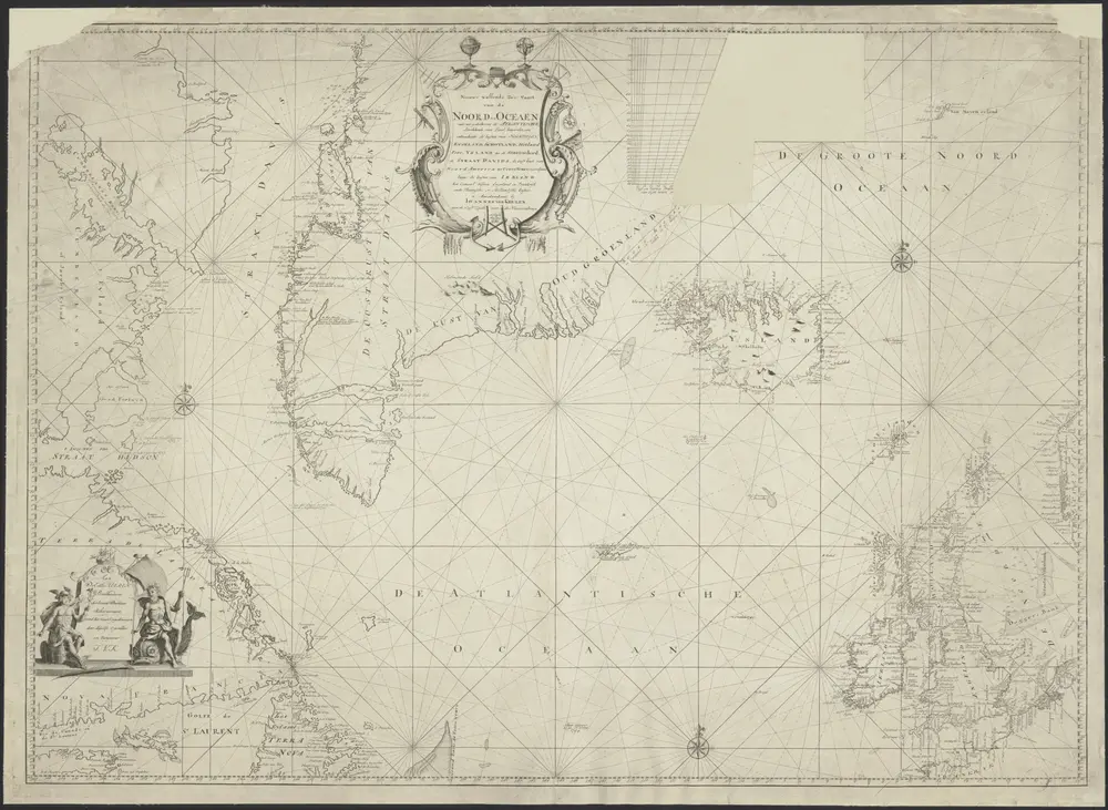 Nieuwe wassende zee caart van de Noord-Oceaen, met een gedeelte van de Atlantische, strekkende van Texel benoorden om inhoudende de kusten van Noorweegen, Engeland, Schotland, Hitland, Fero, Ysland na de Staatenhoek, de Straat Davids, de Oost kust van Noord-America tot Terre Neuve, vervolgens langs de kusten van Ierland, het Canaal tussen Engeland en Vrankrijk ende Vlaamsche en Hollandsche kusten