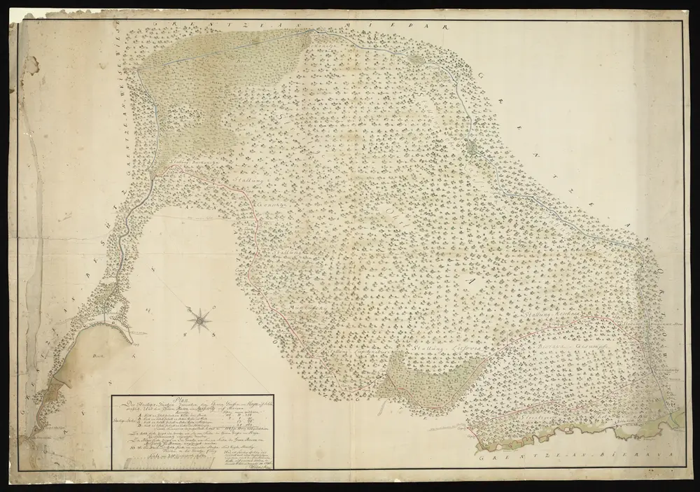 HZAN GA 100_Nr. 736_ : Slawentzitz; "Plan der streitigen Grenzen zwischen dem Herrn von Hoym auf Slawentzitz und dem HE. Baron von Reisewitz auf Bierawa";C. Franzcke;250 rheinländische Ruten = 14,8 cm;114 x 78 cm;Papier; Flurkarte; Wasserfarben; Hervorhebung der Wälder und Grenzen.