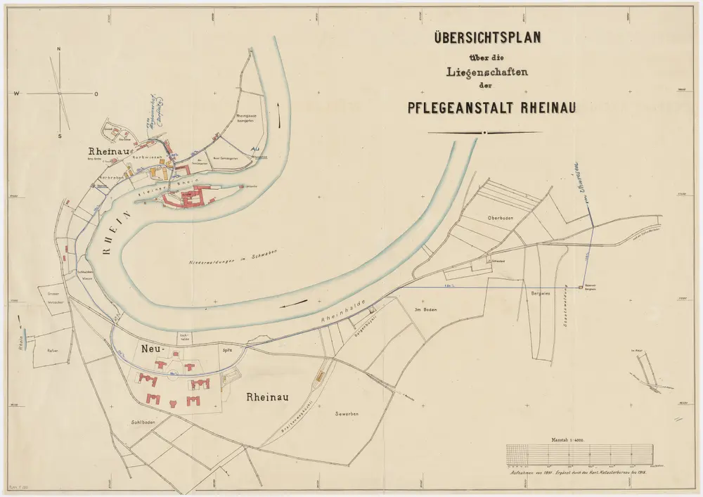 Pflegeanstalt Rheinau: Liegenschaften mit Wasserleitungen; Übersichtsplan