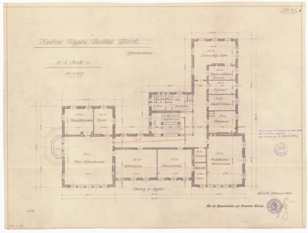 Hygiene-Institut, Neubau an der Gloriastrasse: 1. Stock; Grundriss