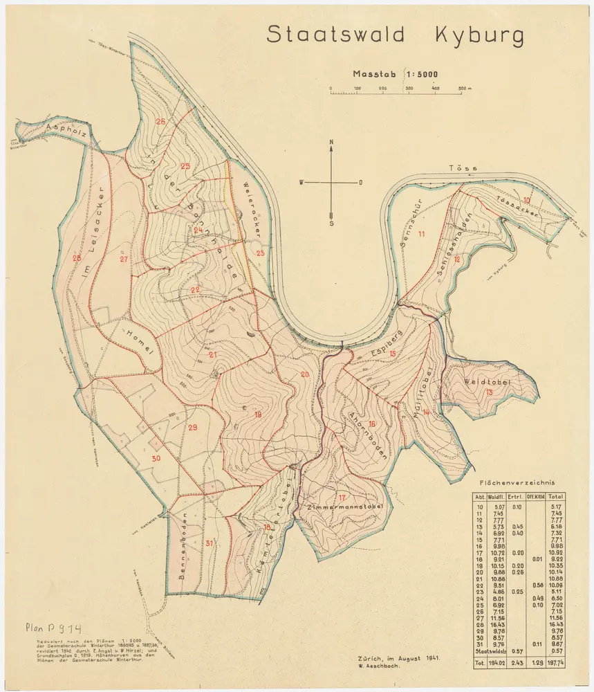 Kyburg: Staatswaldungen Aspholz, Im Leisacker, Homel, Bennenboden, In der Bannhalde, Kämletertobel, Zimmermannstobel, Ahornboden, Espi (Espiberg), Müllitobel, Weidtobel, Schlosshalden, Tössacker; Grundriss