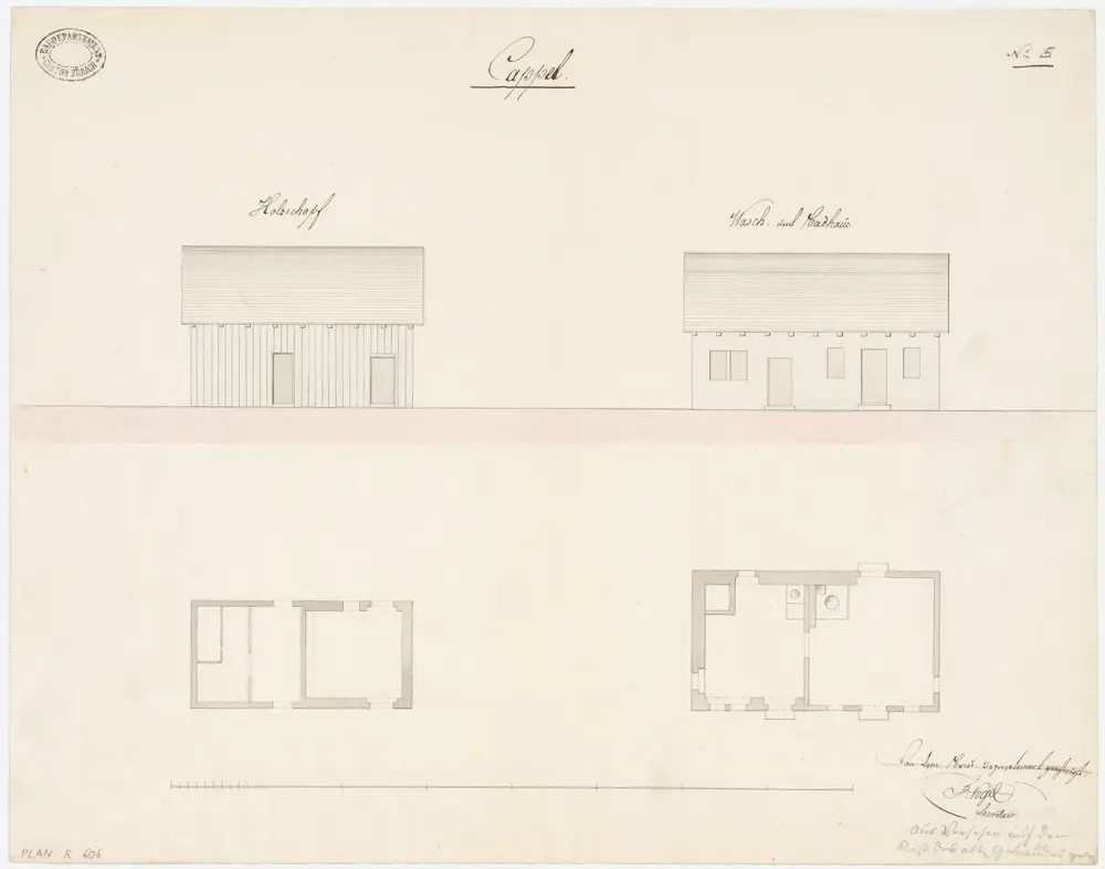 Kappel am Albis: Wasch- und Badhaus und Holzschuppen; Ansichten und Grundrisse (Nr. 5)