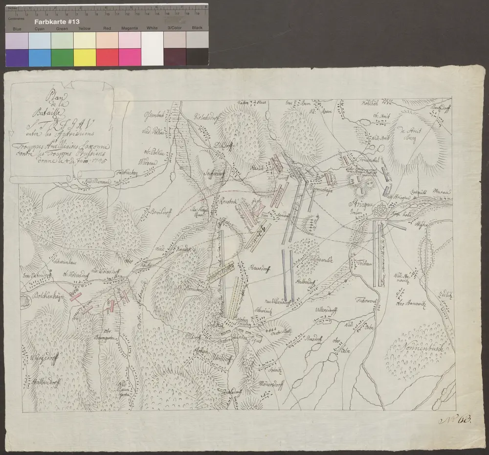 HZAN GA 100_Nr. 743_ : Striegau; "Plan de la Bataille de Striegau";D.C. Michal;ohne Maßstab;46 x 31,5 cm;Kartenrand: Striegau-Schweinitz; Romstock-Langenpetersdorf; Berching; Freyburg;Papier; Federzeichnung mit Schraffen; Wälder besonders hervorgehoben; Truppenstellungen mit Regimentsnamen.