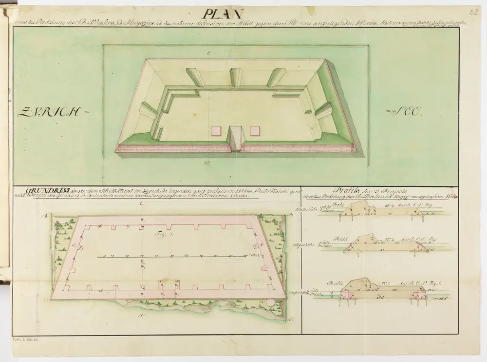 Zürich: Dem Spital Zürich gehörende Lehen in den Fortifikationswerken; Ansichten, Grundrisse und Schnitte: Bedeckung des Schiffschuppens und des Magazins, neu anzulegendes Fortifikations-Werk; Ansicht, Grundriss und Schnitte
