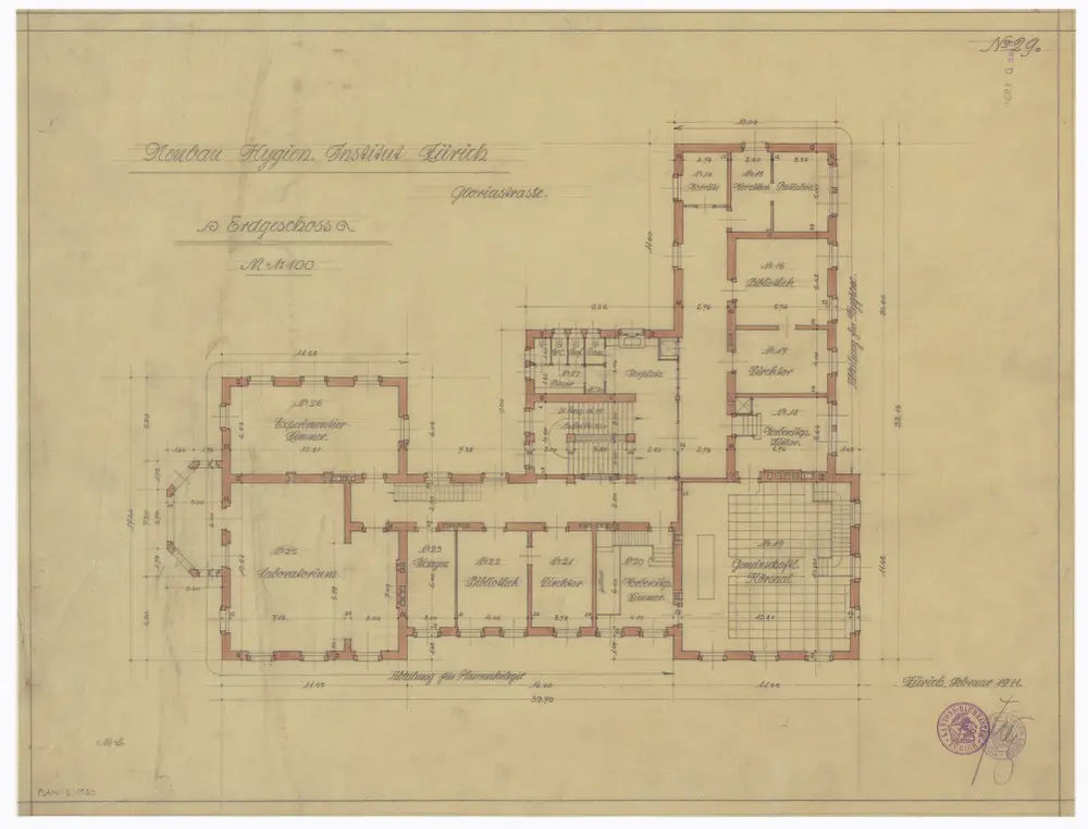 Hygiene-Institut, Neubau an der Gloriastrasse: Erdgeschoss; Grundriss