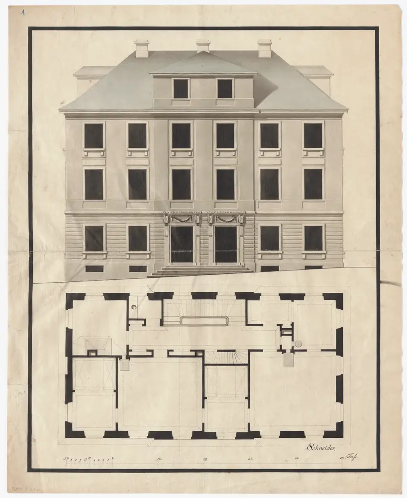 Haus St. Urban, Stadelhoferstrasse 19, 21 und 23 sowie ehemalige Seestrasse 16: Südansicht (mit 6 Fensterachsen) und Grundriss des 1. Stocks