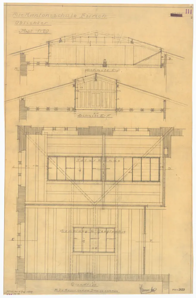 Alte Kantonsschule (Seminar), Rämistrasse 59: Oberlichter; Grundriss und Schnitte