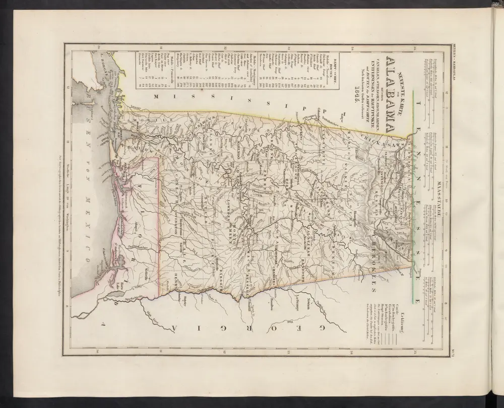 Neueste Karte von Alabama mit seinen Canaelen, Strassen, Eisenbahnen, Entfernungen der Hauptpunkte und Routen für Dampfschiffe