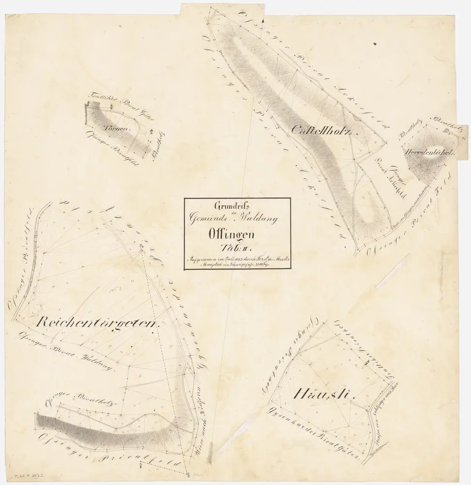 Ossingen: Gemeinde- und Staatswaldungen: Gemeindewaldungen Richenergeten (Reichentärgeten), Chastelholz (Castelholz), Hüsli (Häusli), Härdenbüel (Heerdenbühel), Dürnen (Türnen); Grundrisse (Tab. II)