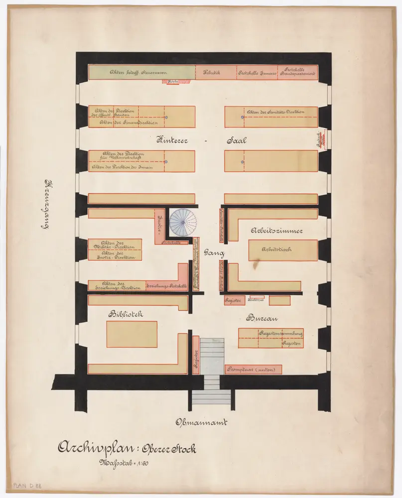 Staatsarchiv im Obmannamt: Westflügel; Oberer Stock mit Belegungsplan; Grundriss