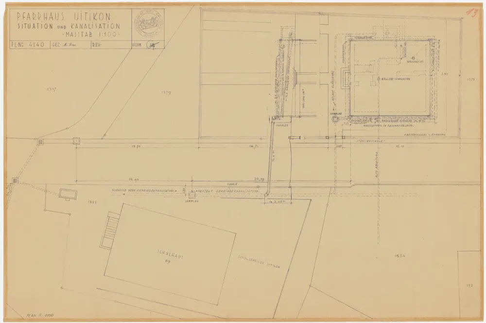 Uitikon: Pfarrhaus und Umgebung mit Kanalisation; Grundriss (Nr.13)