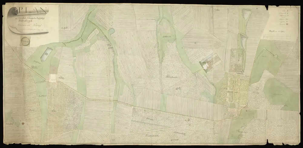 HZAN GA 100_Nr. 75_ : Friedrichsruhe; "Plan des ... Öhringischen Jagdschlosses Friedrichsruhe nebst Schönau und Platzhof";gezeichnet von A. Mittnacht;60 Ruten = 13 cm [40 cm = 1 km];136 x 64 cm; Norden nach rechts;Papier; Federzeichnung mit Wasserfarben;Häuser, Fluren und Wälder in Farbe und Zeichnung hervorgehoben; Baumbestand angegeben; Höhenschraffen.