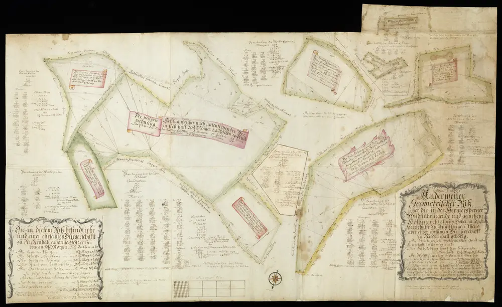 HZAN GA 100_Nr. 119_ : Hermersberg (Kr. Künzelsau); "Geometrischer Riß über die in der Hermersberger Wildfuhr liegenden ... Hölzer, welche teils Hohenlohe, teils der Gemeinde Niedernhall gehören" [Vermessungskarte];Kantor Rübel, Langenburg;50 Ruten = 18,2 cm;123 x 69 cm;Papier; Federzeichnung; Grenzen in Wasserfarben;Einteilung in Dreiecke; Darstellung der Berechnung; Verzeichnis der Distrikte mit Meßgehalt.