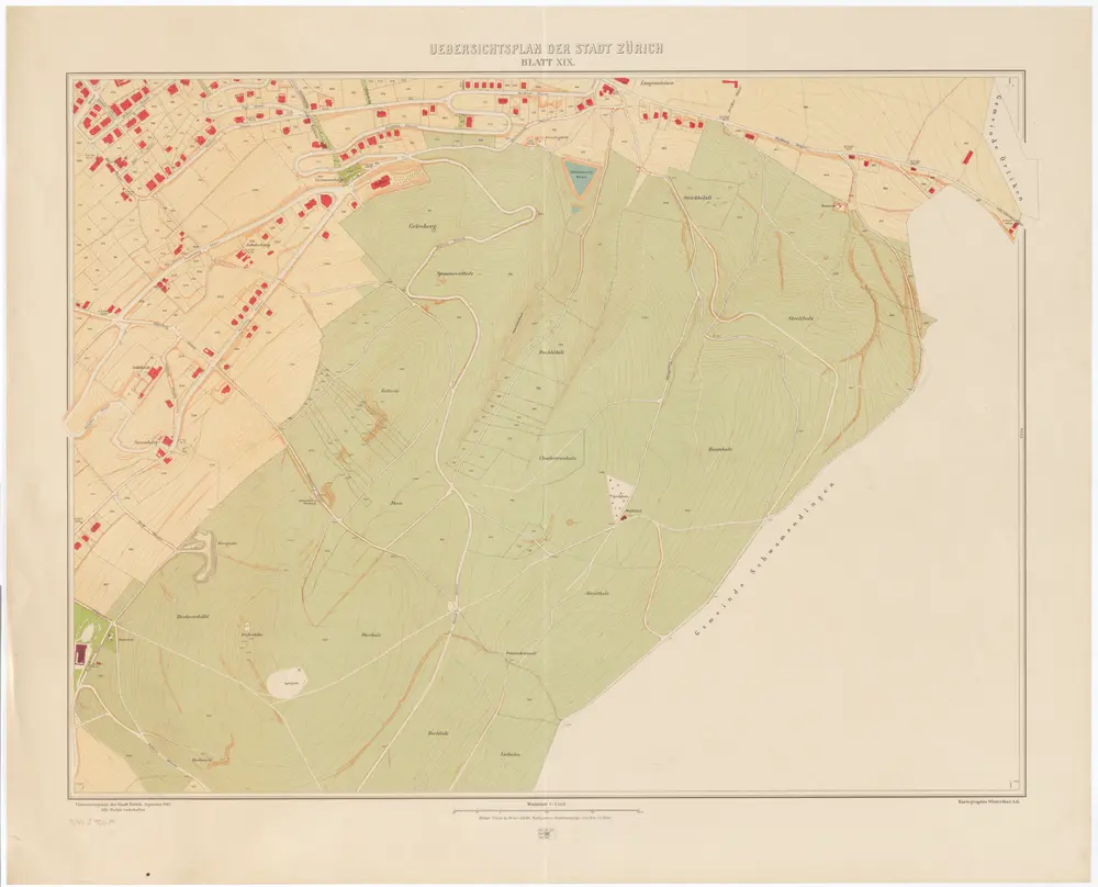 Übersichtsplan der Stadt Zürich und der umliegenden Gemeinden in 23 Blättern: Blatt XIX: Teile von Fluntern, Oberstrass, Schwamendingen und Oerlikon