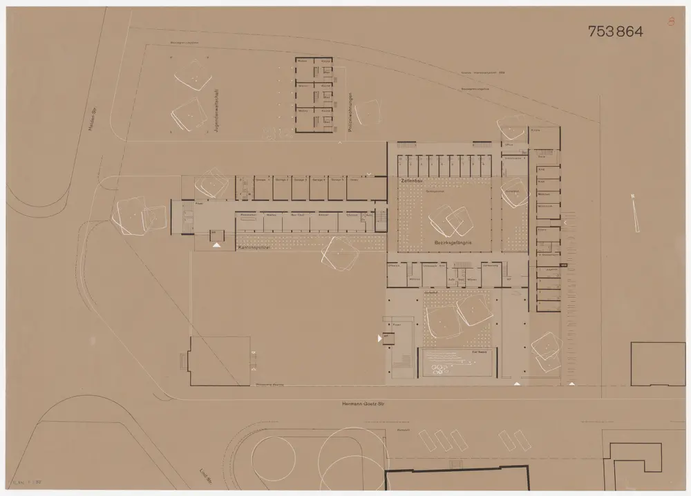 Winterthur: Bezirksgebäude mit Gebäude der Bezirksanwaltschaft und der Kantonspolizei, Gefängnis und Polizistenwohnungen; Projekt 753864; Erdgeschoss; Grundriss