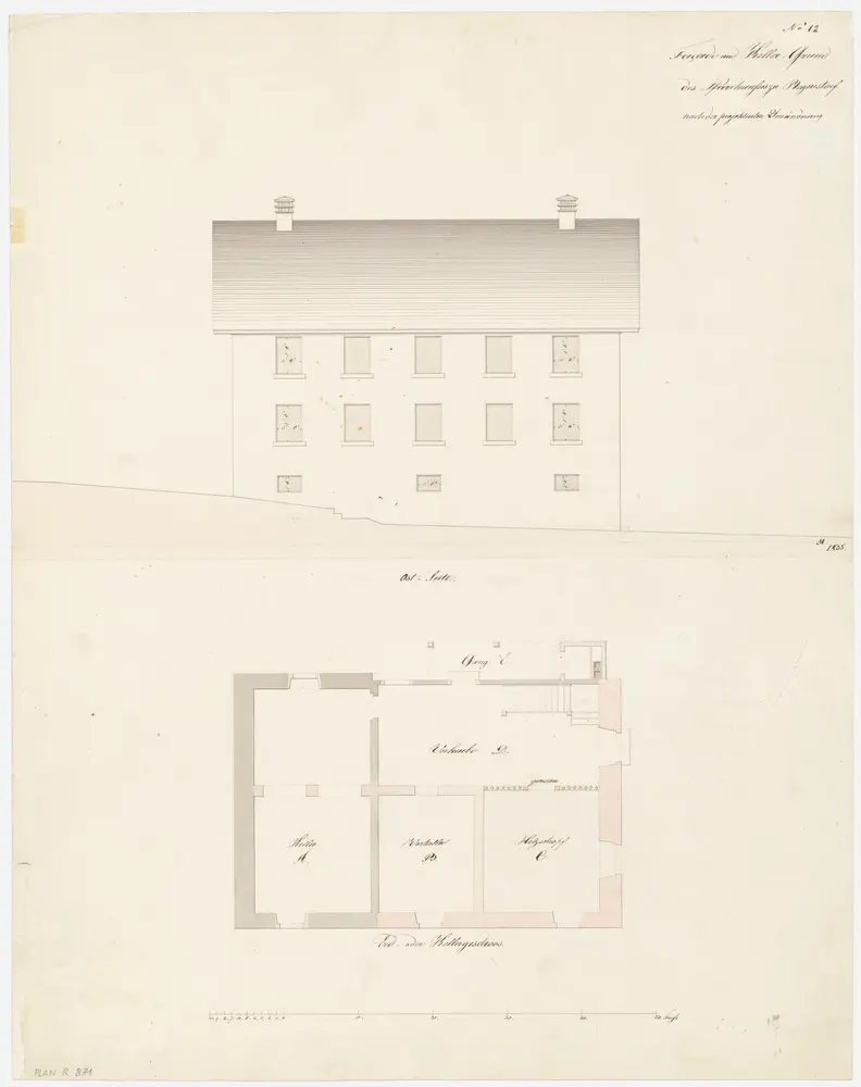 Regensdorf: Pfarrhaus, projektierte Umänderung; Ostansicht und Grundriss des Kellers oder Ergeschosses (Nr. 12)