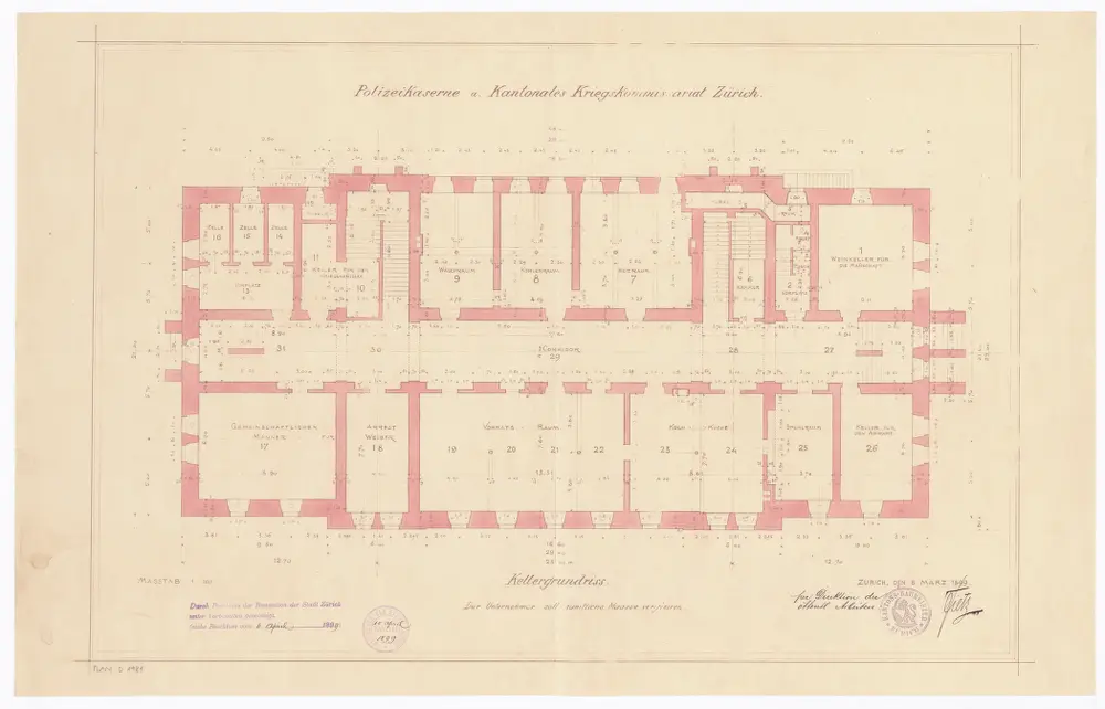 Polizeikaserne und kantonales Kriegskommissariat: Keller; Grundriss