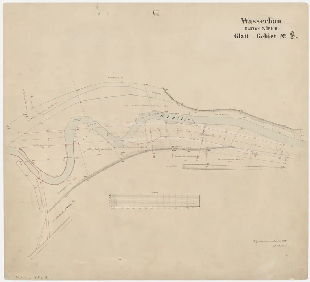 Fällanden bis Wallisellen: Greifensee bis zum Neugut in Wallisellen, projektierte Glattkorrektion; Grundrisse (Glatt-Gebiet Nr. 3): Blatt VIII: Glatt in Dübendorf-Hermikon; Grundriss (Glatt-Gebiet Nr. 3)