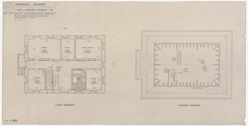 Henggart: Pfarrhaus, projektierter Einbau eines Badezimmers und einer Waschküche: 1. Stock und Dachgeschoss; Grundrisse