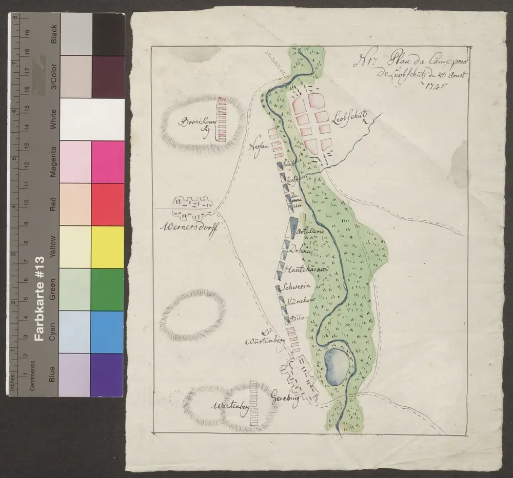 HZAN GA 100_Nr. 675_ : Leobschitz; "Plan du Camp près de Leobschitz";ohne Verfasser;ohne Maßstab;17 x 20,5 cm;Papier; Federzeichnung mit Schraffen; Siedlungen, Gewässer, Talauen in Wasserfarben; Truppenstellungen.