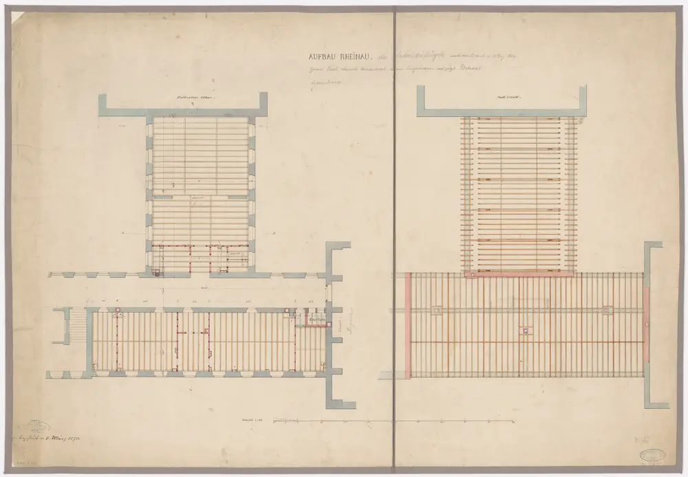 Pflegeanstalt Rheinau: Aufbau des Sakristeiflügels nach dem Brand vom 31.12.1869, Betsaal; Grundriss und Balkenlage