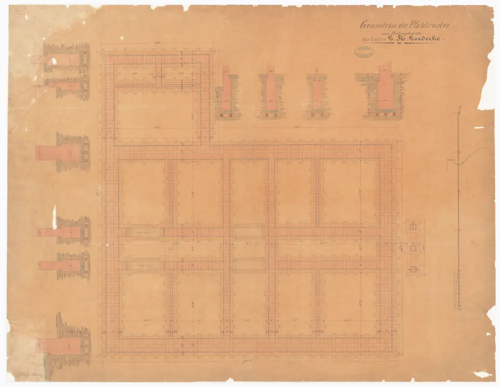 Goedecke-Haus, Seefeldstrasse 9: Pfahlrost; Grundriss und Schnitte