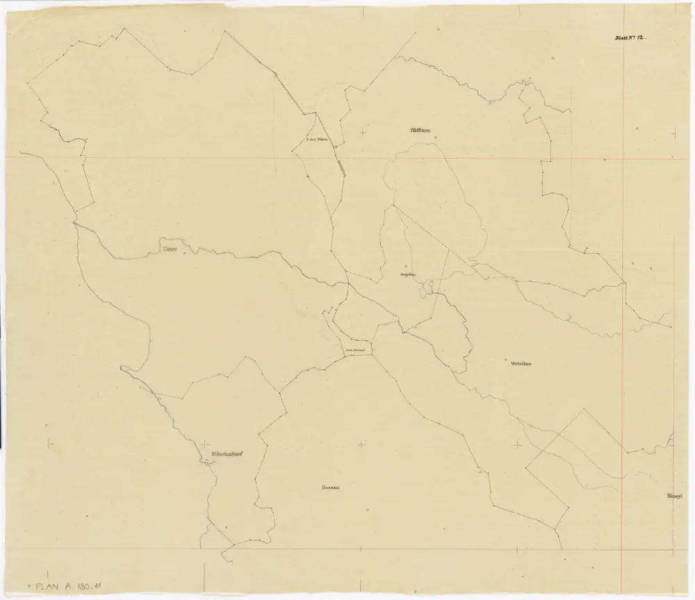 Vorlagen für die Topographische Karte des Kantons Zürich (Wild-Karte): Pausen mit Gemeindegrenzen: Blatt 12: Uster und umliegende Gemeinden