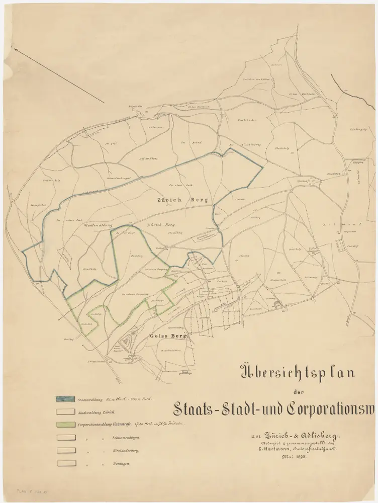 Horgen, Langnau am Albis, Thalwil, Hottingen, Zürich: Staatswaldungen, Genossenschaftswaldungen und Zürcher Stadtwaldungen: Zürich: Staats-, Stadt- und Genossenschaftswaldungen auf dem Zürichberg; Übersichtsplan vom Mai 1893