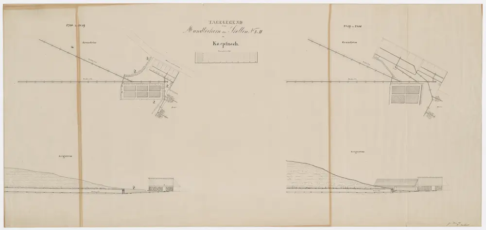 Horgen: Kohlebergwerk Käpfnach, Taggegend der Mundlöcher der Stollen Nr. I und II; Grund- und Seigerrisse