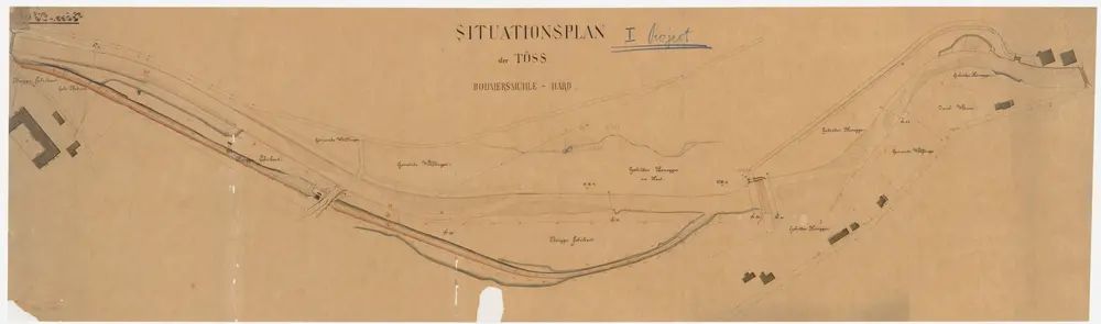 Wülflingen: Töss von der Bodmermühle (später Wespimühle) bis Hard, Kanalbauten der Herren Schwarz und Beugger, I. Projekt; Situationsplan (Töss-No. 139)